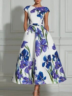 Zimmermann Floral Midi Fit & Flare Dress in White with Blue & Purple Irises